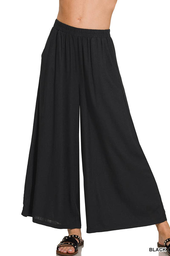 WOVEN PLEATED LINEN BLEND WIDE LEG PANTS: BLACK-167677 / XL