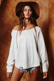 T1139-1 Solid Long Sleeves Round Hem Detailed Loose Fit Top: S-M-L (2-2-2) / White