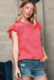 Women Flutter Sleeve Frilled Neck Textured Blouse | S-XL: Missy / Red / XL
