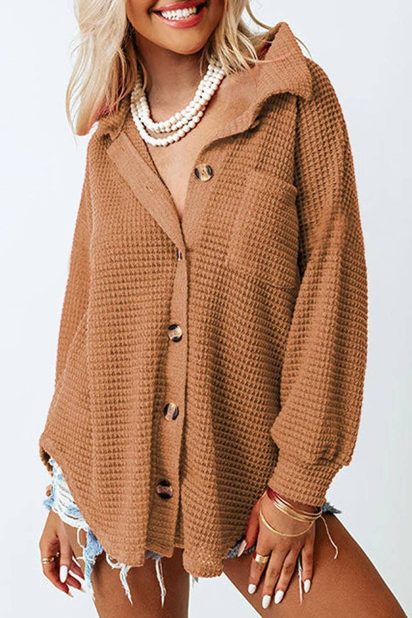 Waffle Knit Button Up Casual Shirt: Brown / 95%Polyester+5%Elastane / L