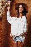 T1139-1 Solid Long Sleeves Round Hem Detailed Loose Fit Top: S-M-L (2-2-2) / White