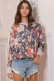T2212 Overlap Open Back Contrast Band Detail Floral Top: S-M-L (2-2-2) / NAVY/LAVENDER