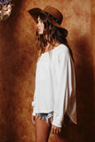 T1139-1 Solid Long Sleeves Round Hem Detailed Loose Fit Top: S-M-L (2-2-2) / White