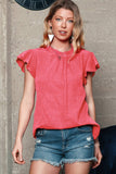 Women Flutter Sleeve Frilled Neck Textured Blouse | S-XL: Missy / Red / S