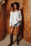 T1139-1 Solid Long Sleeves Round Hem Detailed Loose Fit Top: S-M-L (2-2-2) / White