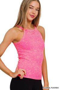 Washed Rib Seamless Cami Halter Neck Top: N CORAL FUCHSIA-164353 / L/XL
