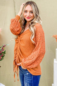 Front Drawstring Waffle with Laced Sleeves Top