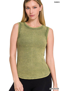 WASHED RIB SLEEVELESS TANK TOP w/ back-neck patch