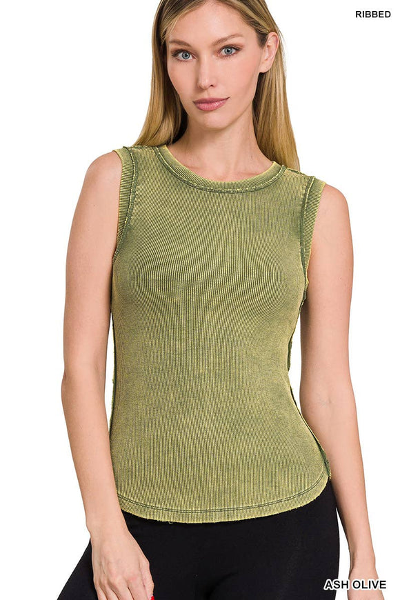 WASHED RIB SLEEVELESS TANK TOP w/ back-neck patch