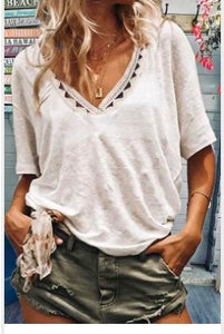 Short Sleeve Knit Top with Lace accent