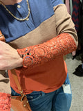Lace sleeve colorblock henley