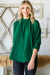 THREE QUARTER ELASTIC BAND TOP: HUNTER GREEN / M