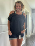 Crochet neckline cold shoulder top