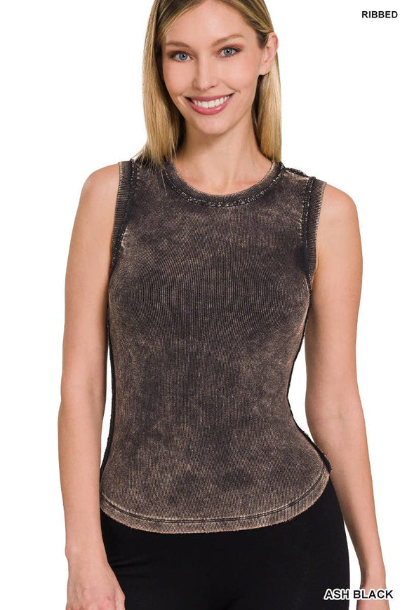 WASHED RIB SLEEVELESS TANK TOP w/ back-neck patch