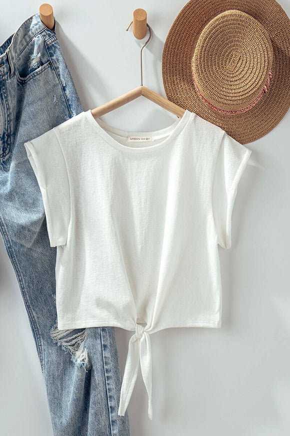 VINTAGE COTTON TIE FRONT CROPPED SHORT SLEEVE TOP