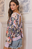 T2212 Overlap Open Back Contrast Band Detail Floral Top: S-M-L (2-2-2) / NAVY/LAVENDER