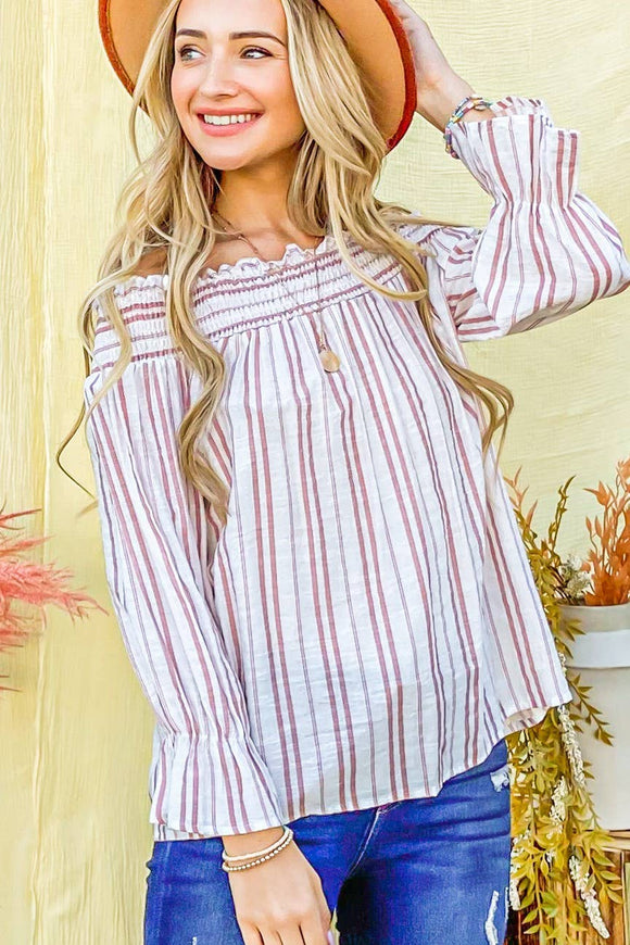 Stripe cotton smock top with  back ribbon