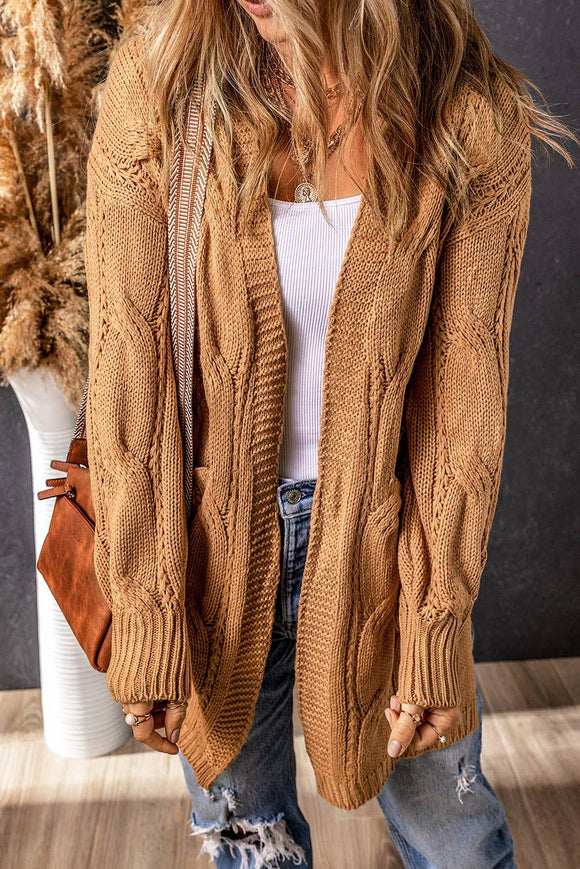 Textured Eyelet Ribbed Cable Knit Cardigan: M / casual / Brown
